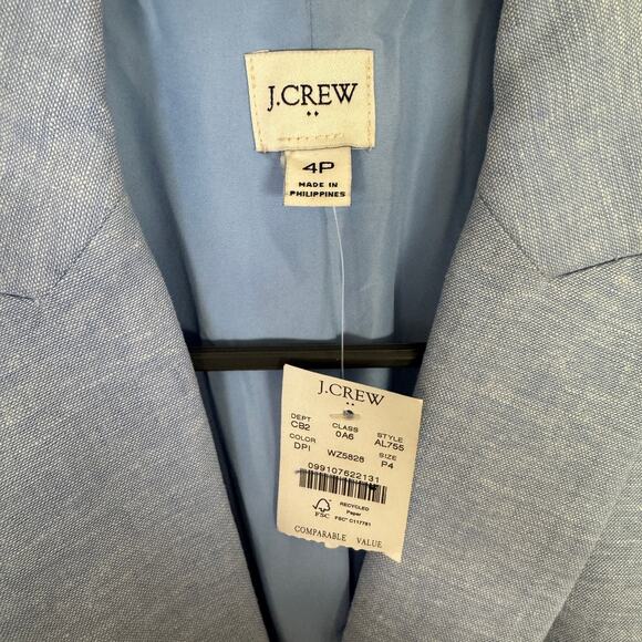 J.Crew Petite Linen-Blend One-Button Blazer WMNS 4P Blue Lined Long Sleeve Notch - Picture 4 of 8